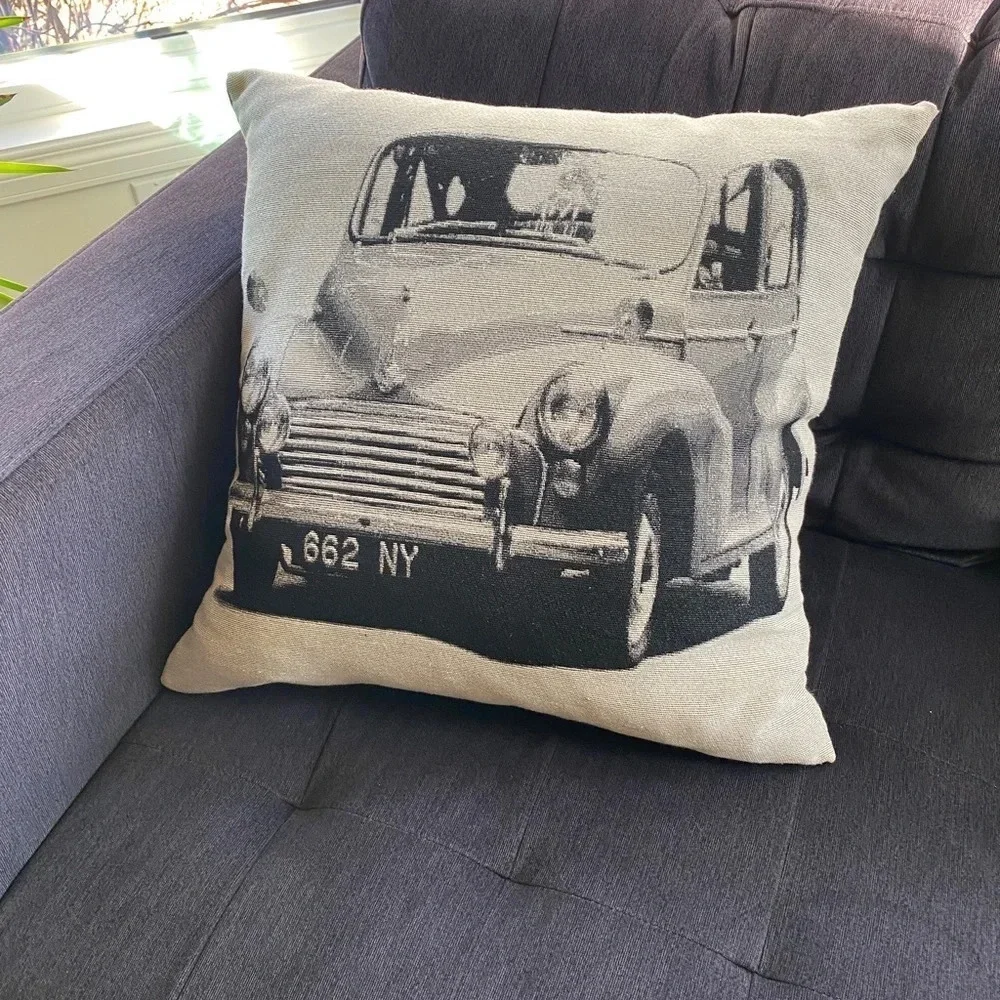 Rare Accent Pillow with Vintage Farm Truck Black and Cream 15” Rustic Farmhouse
